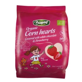   Biopont Fehércsokoládés-epres Extrudált Kukorica szív, gluténmentes BIO 45 g
